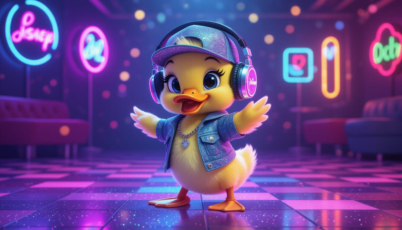Duckling Dances in Disney-Inspired Neon Dreamscape