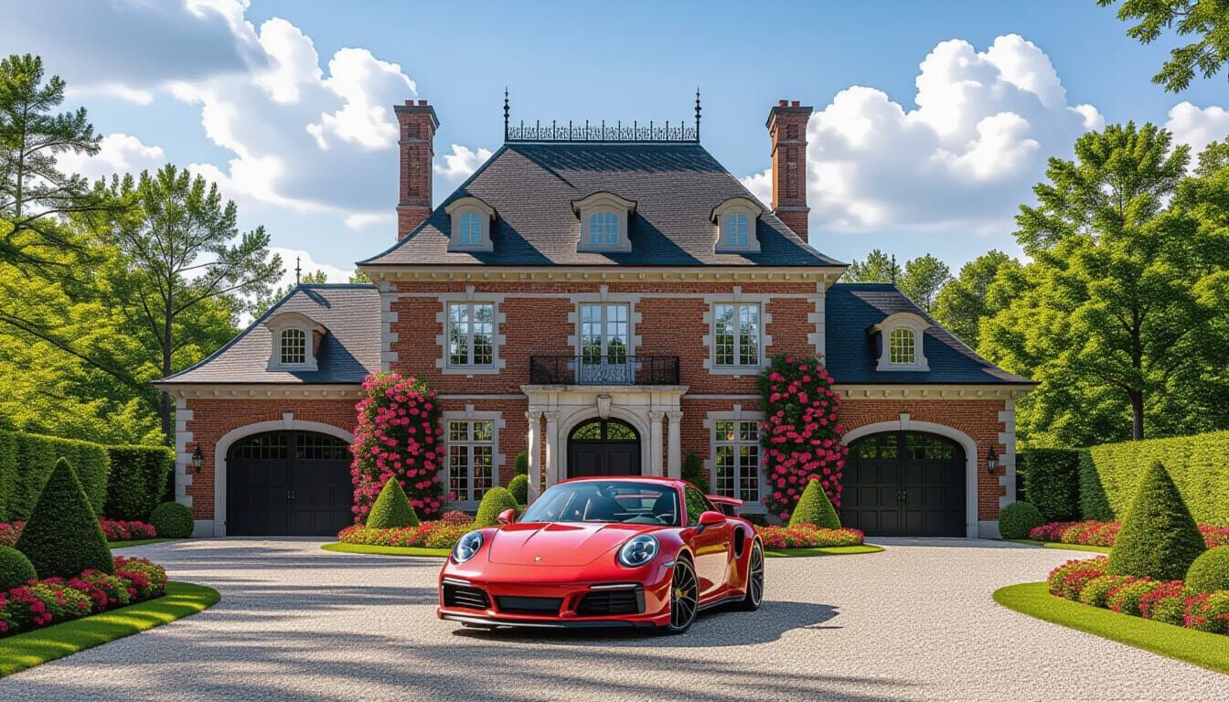 Victorian Chateau with Red Porsche 911