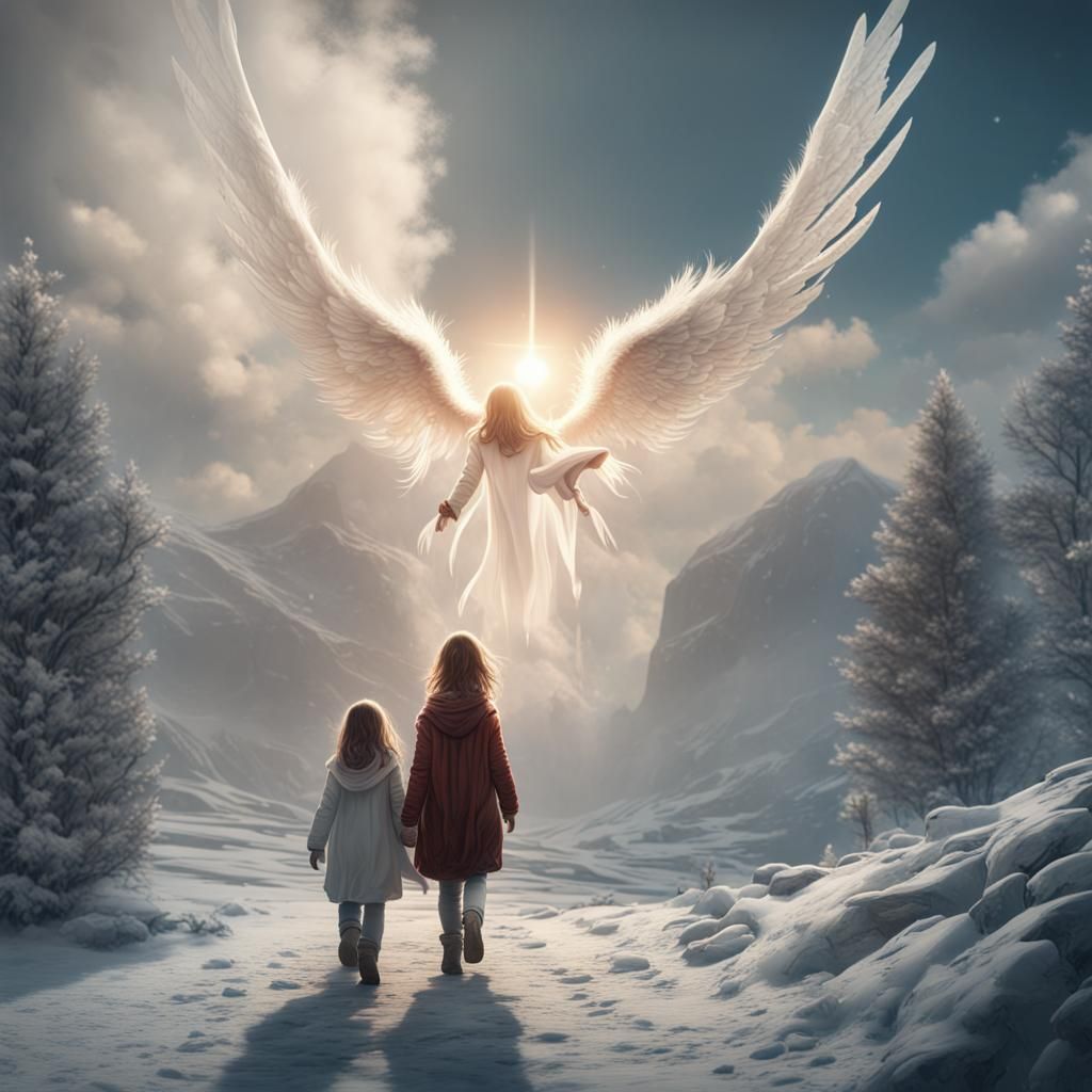Angel Watching Children on Winter Day: Fantasy Art