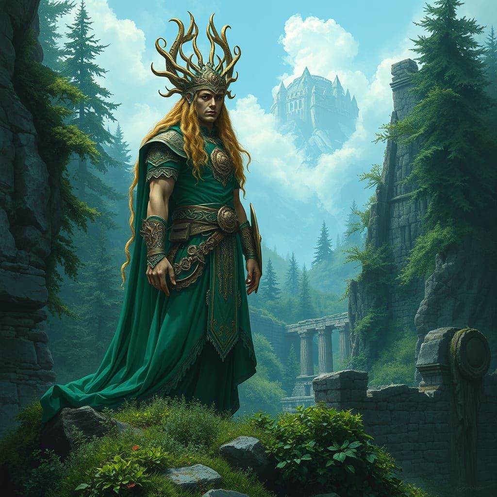Celtic Druid in Hyperrealistic Forest Temple Ruins