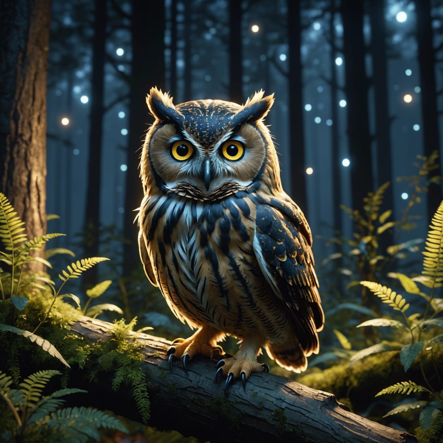 Fluffy Owl in Bioluminescent Night Forest