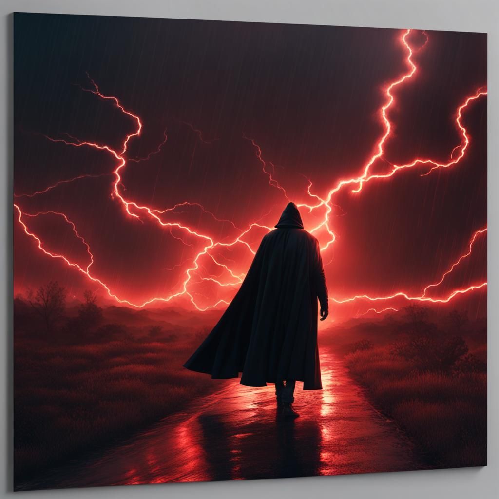 Man in Black Cloak Amidst Red Lightning Storm
