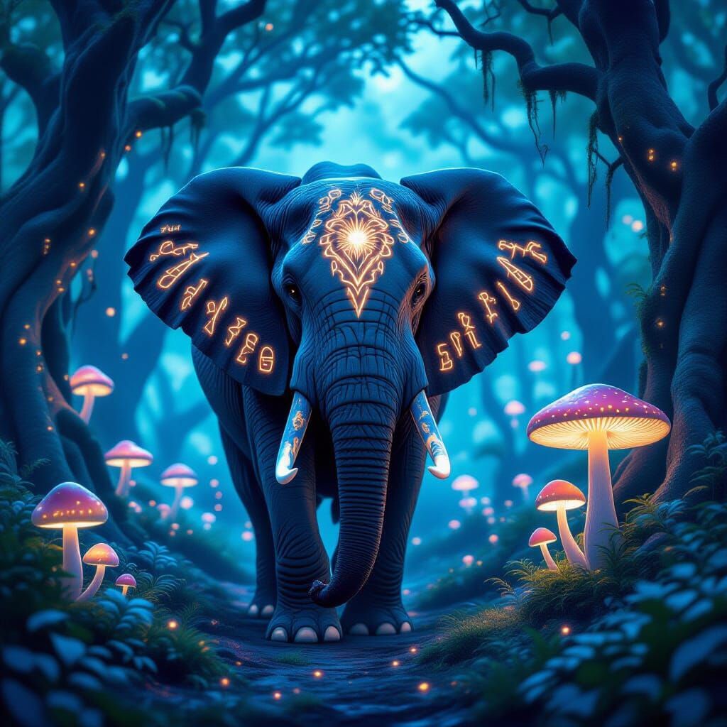 Majestic Elephant in Bioluminescent Forest