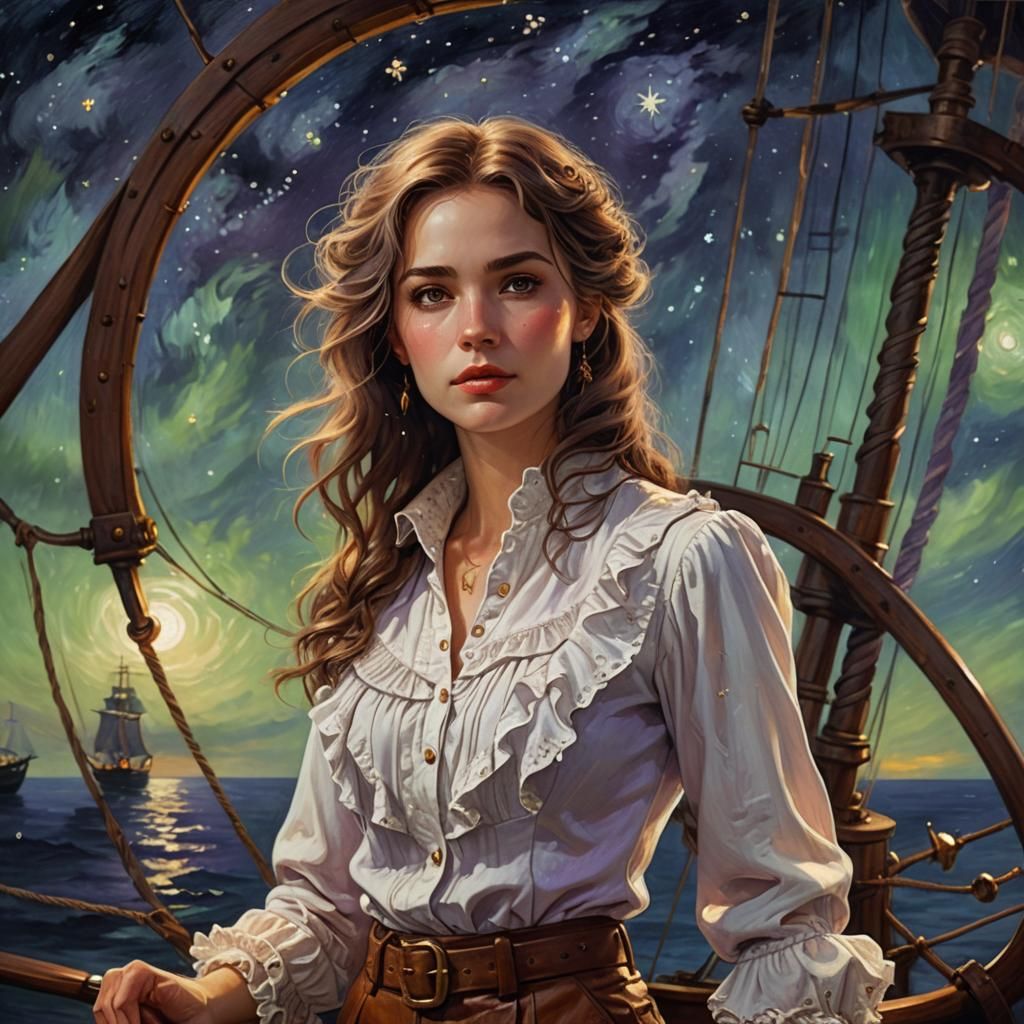 Lavender Woman Captain in Starry Night, Digital Art