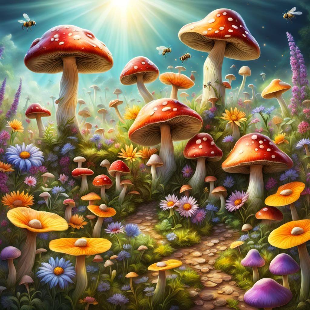 Colorful Flower Meadow with Mushrooms and Insects