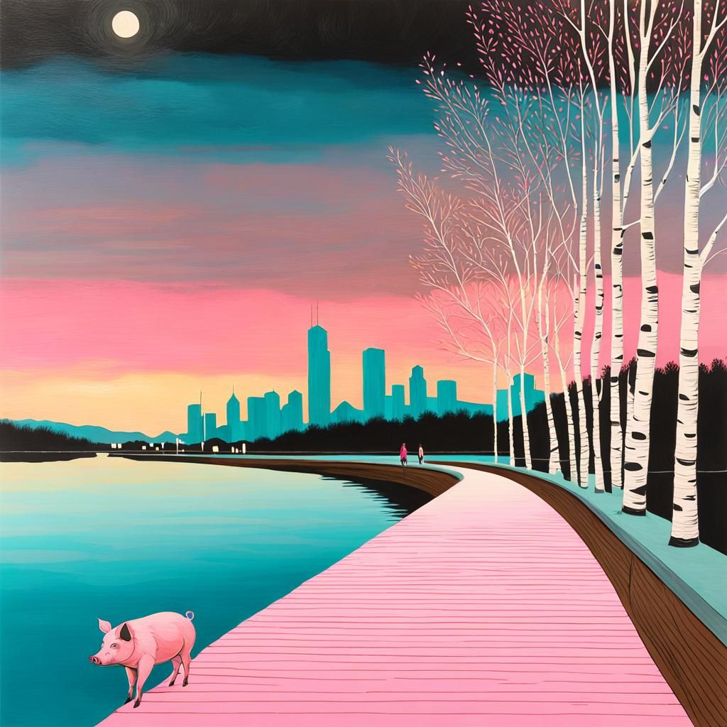 Pig Walks City Pier in Hyperrealistic Style