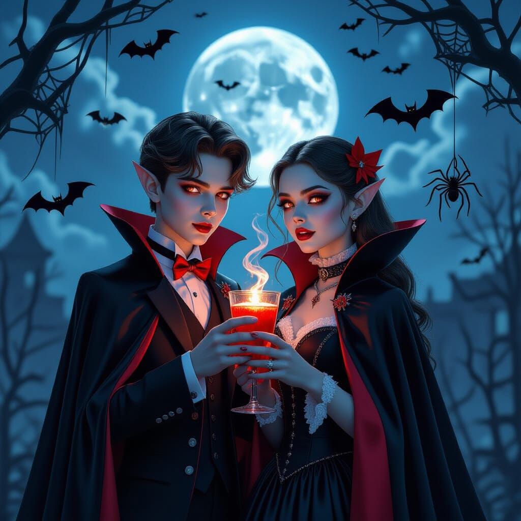 Vampire Couple in Dramatic Halloween Scene