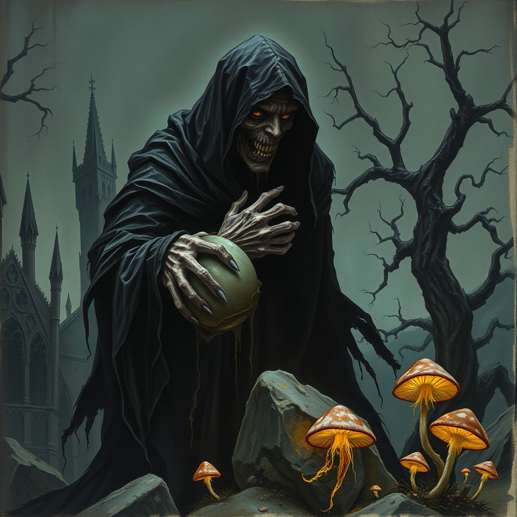 Dark Figure Clutches Stone in Gothic Landscape