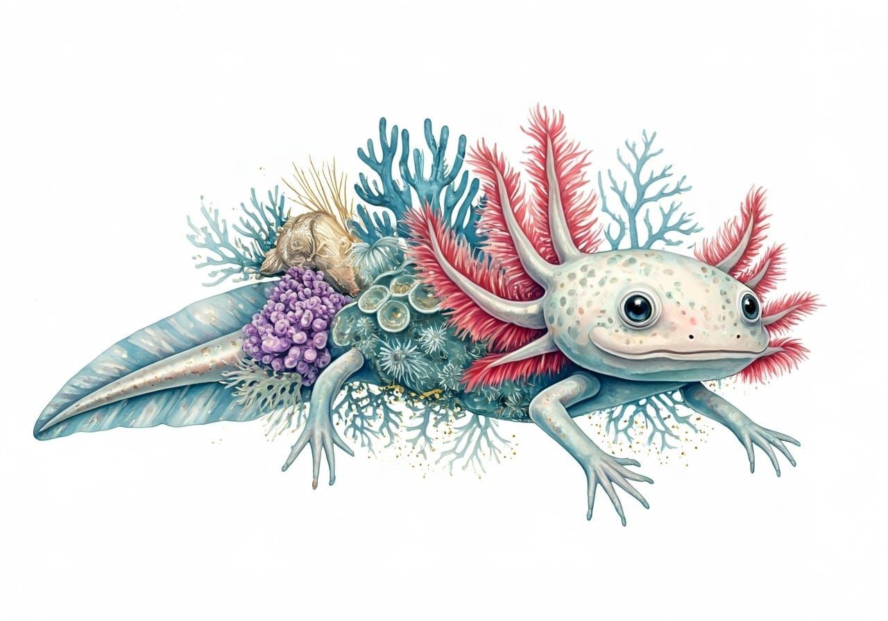 Vibrant Coral Axolotl Composition in Watercolour Style