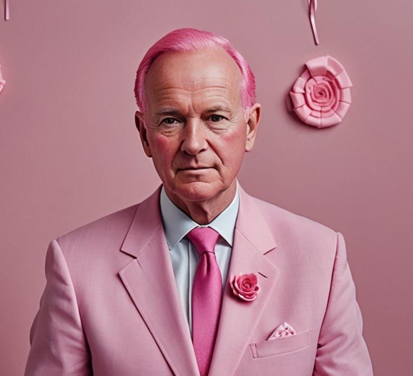 A pink faced politician in a pink suit wearing a pink rosette and a pink cancer awareness ribbon
