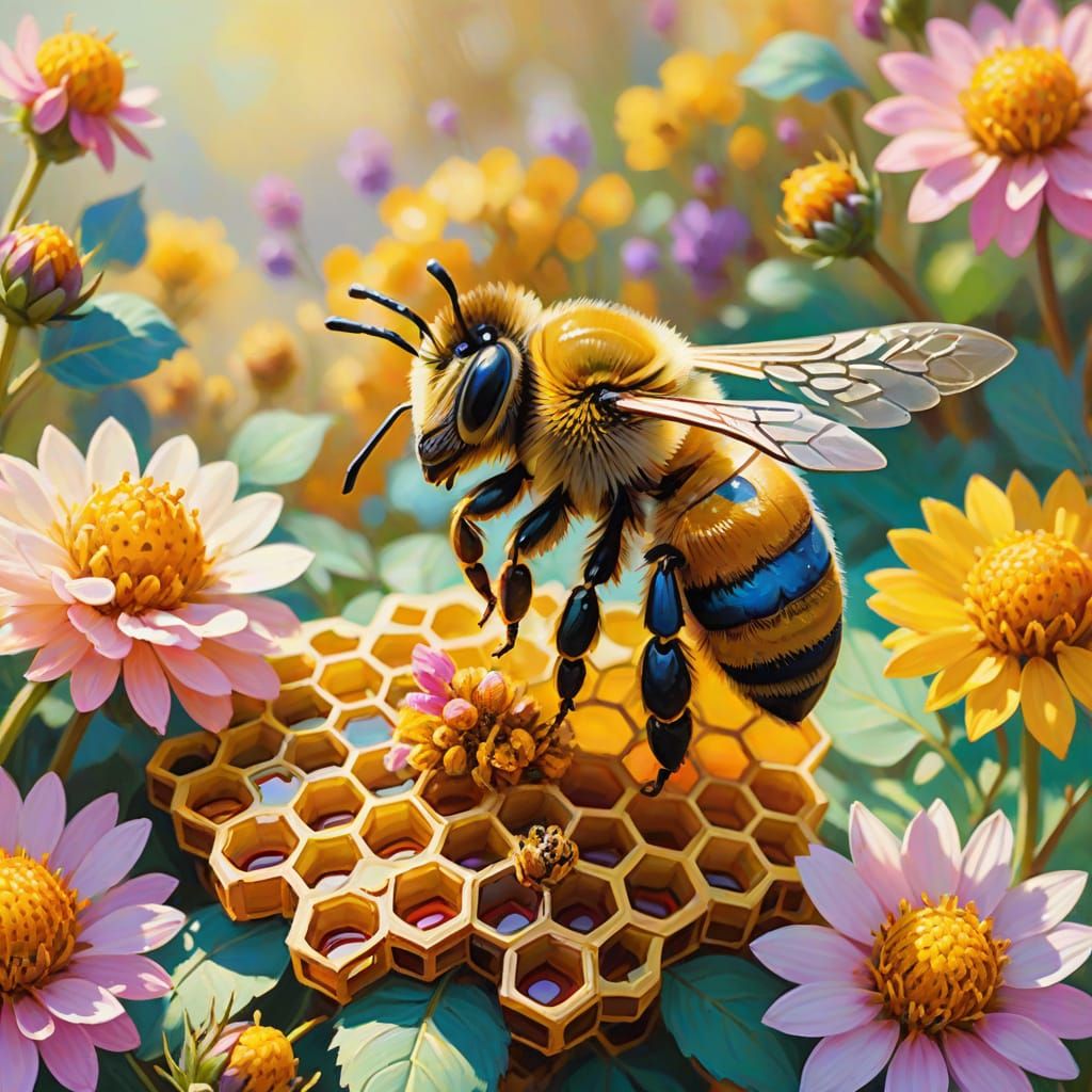 Gem-Encrusted Bee in Impressionist Flower Garden