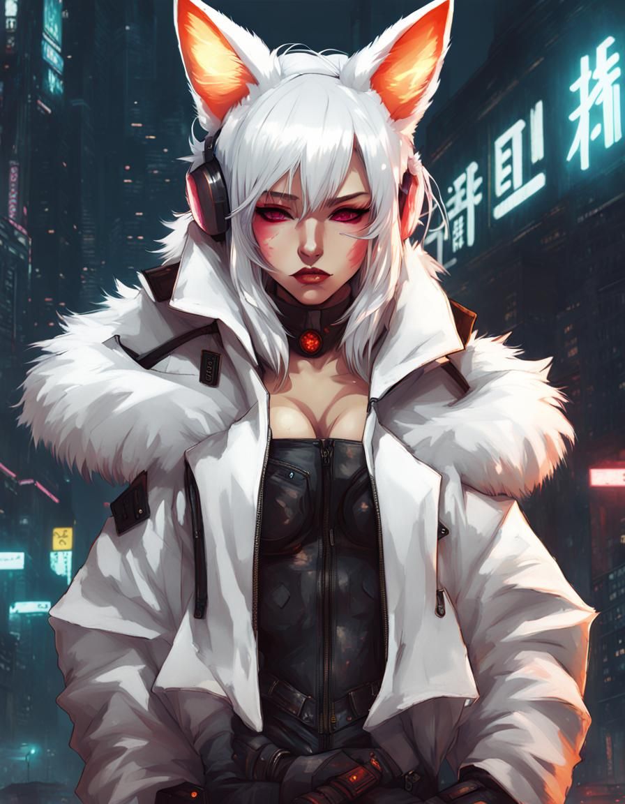 Cyberpunk Kitsune Woman with White Hair