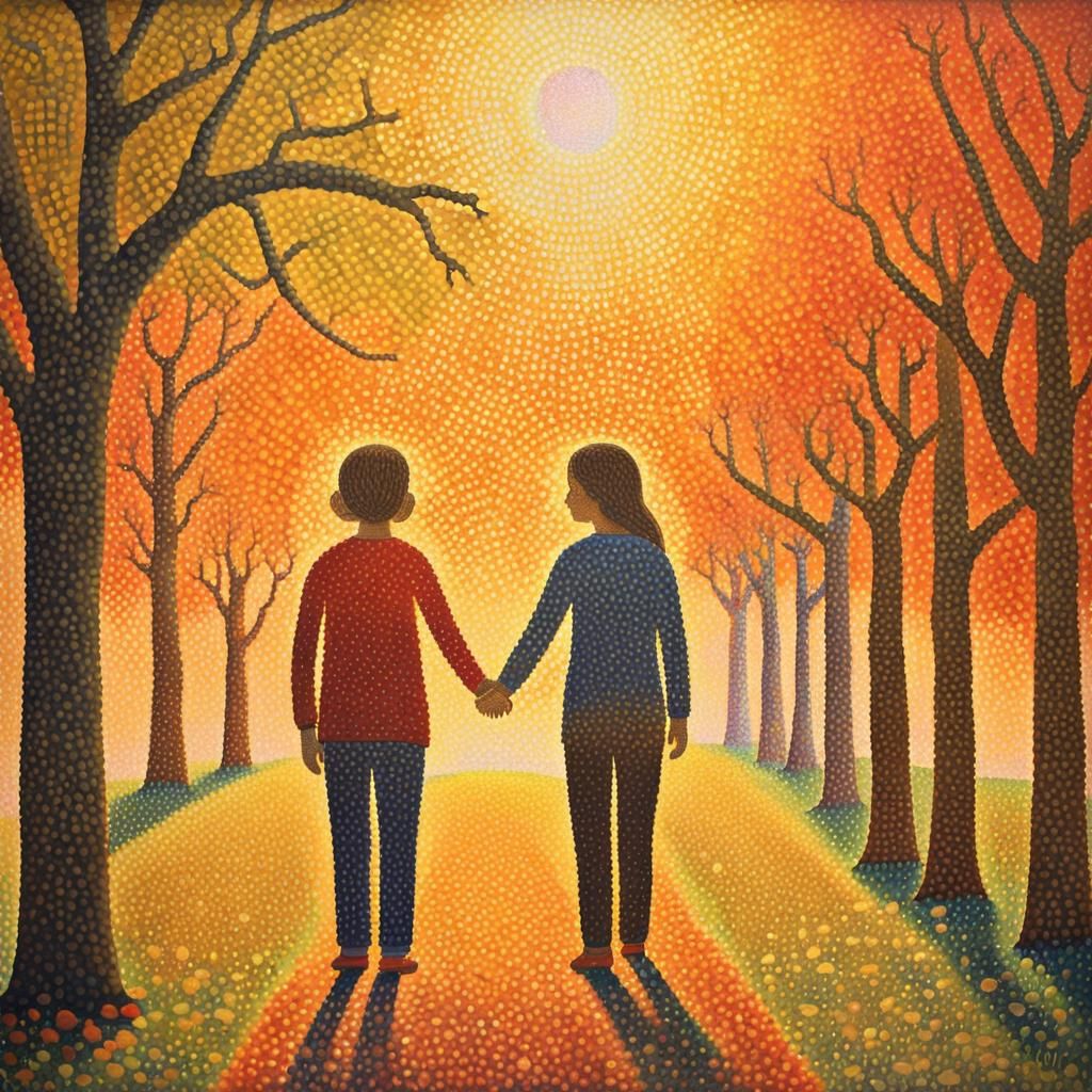 Pointillist Figures Holding Hands in Sunlight