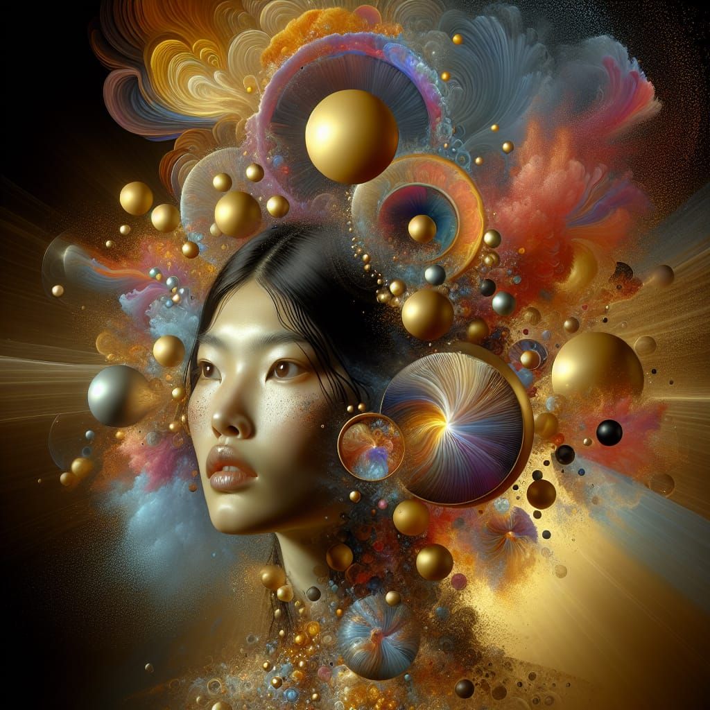 Ethereal Asian Woman Portrait in Gold and Black