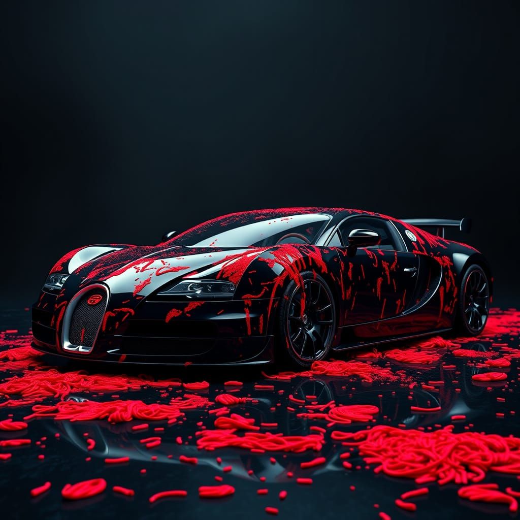 Sleek Black Veyron Super Car with Vibrant Red Spaghetti