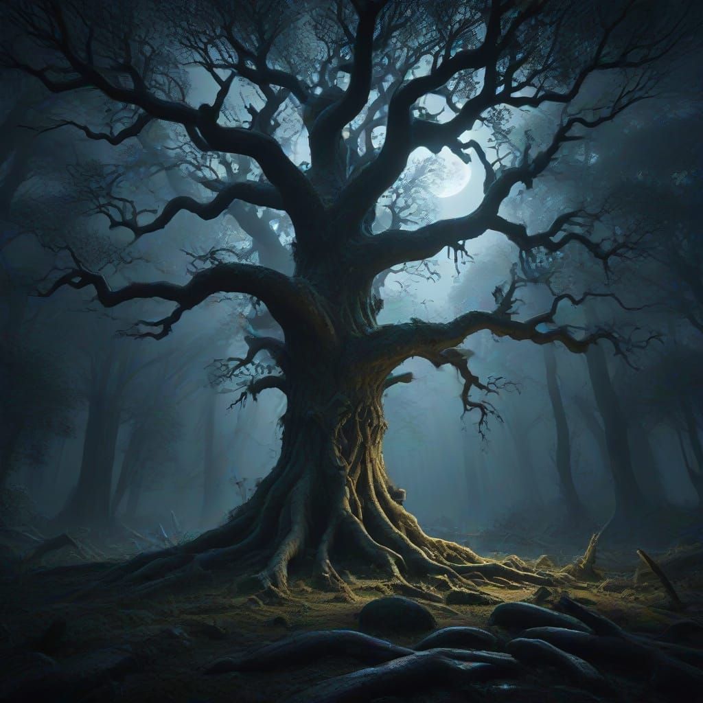 Ancient Oaks in a Stormy, Ethereal Forest
