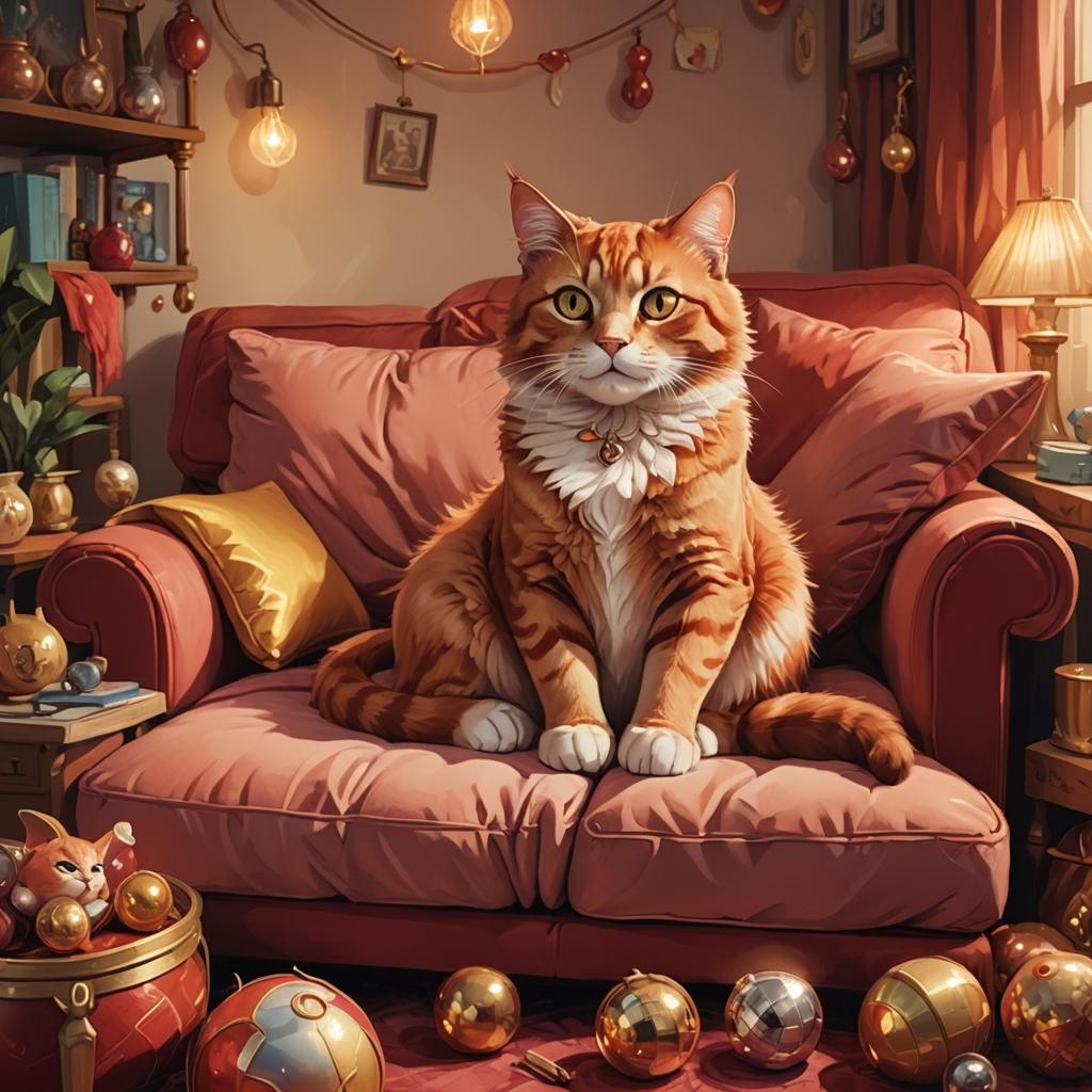 Whimsical Red Cat Digimon in Cozy, Playful Art