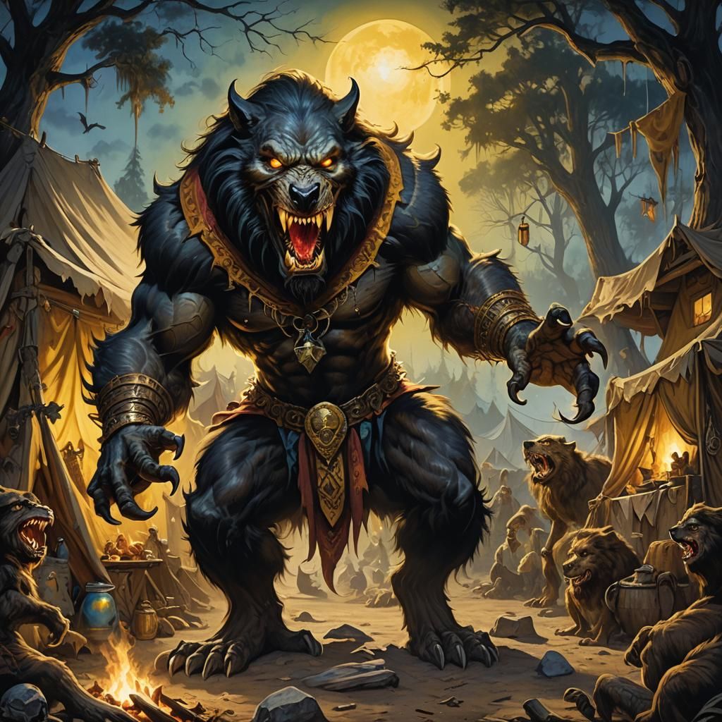 Werewolf in Gypsy Camp, Boris Vallejo Style Fantasy Art