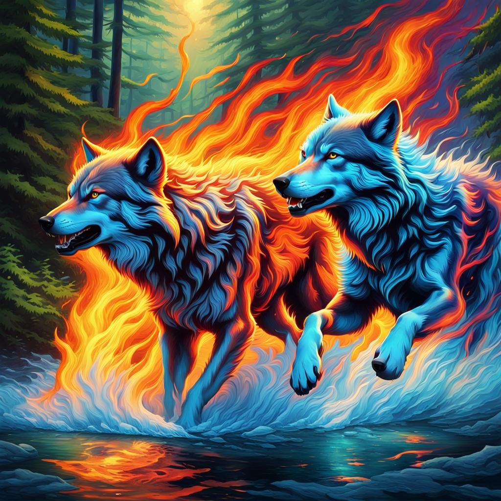 Elemental Wolves of Fire and Water in Lush Forest