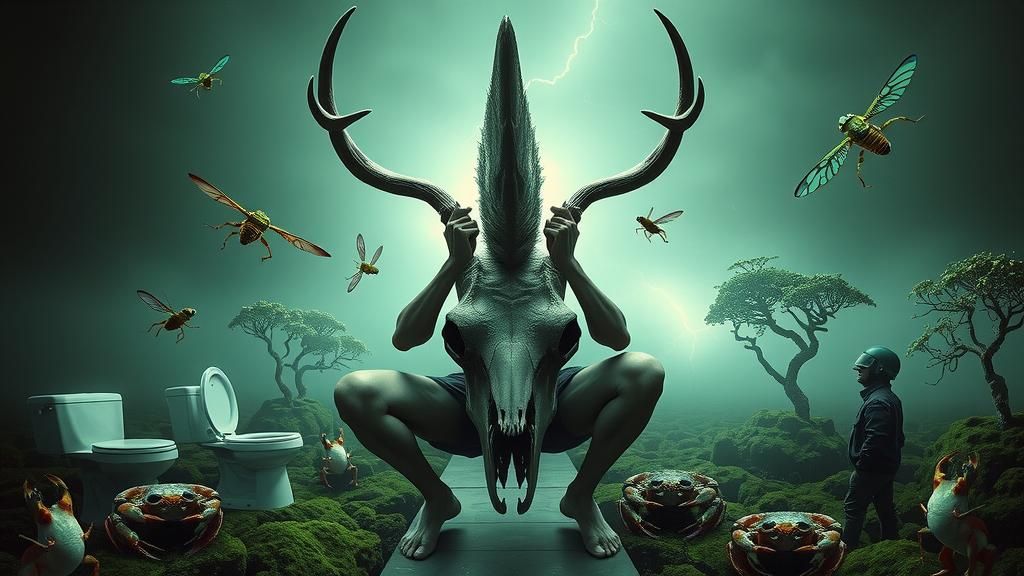 Green Lantern, Dragonflies, Double Exposure, Abstract Body, Slightly bent knees, twisted torso & head tilted, Awkward Po...