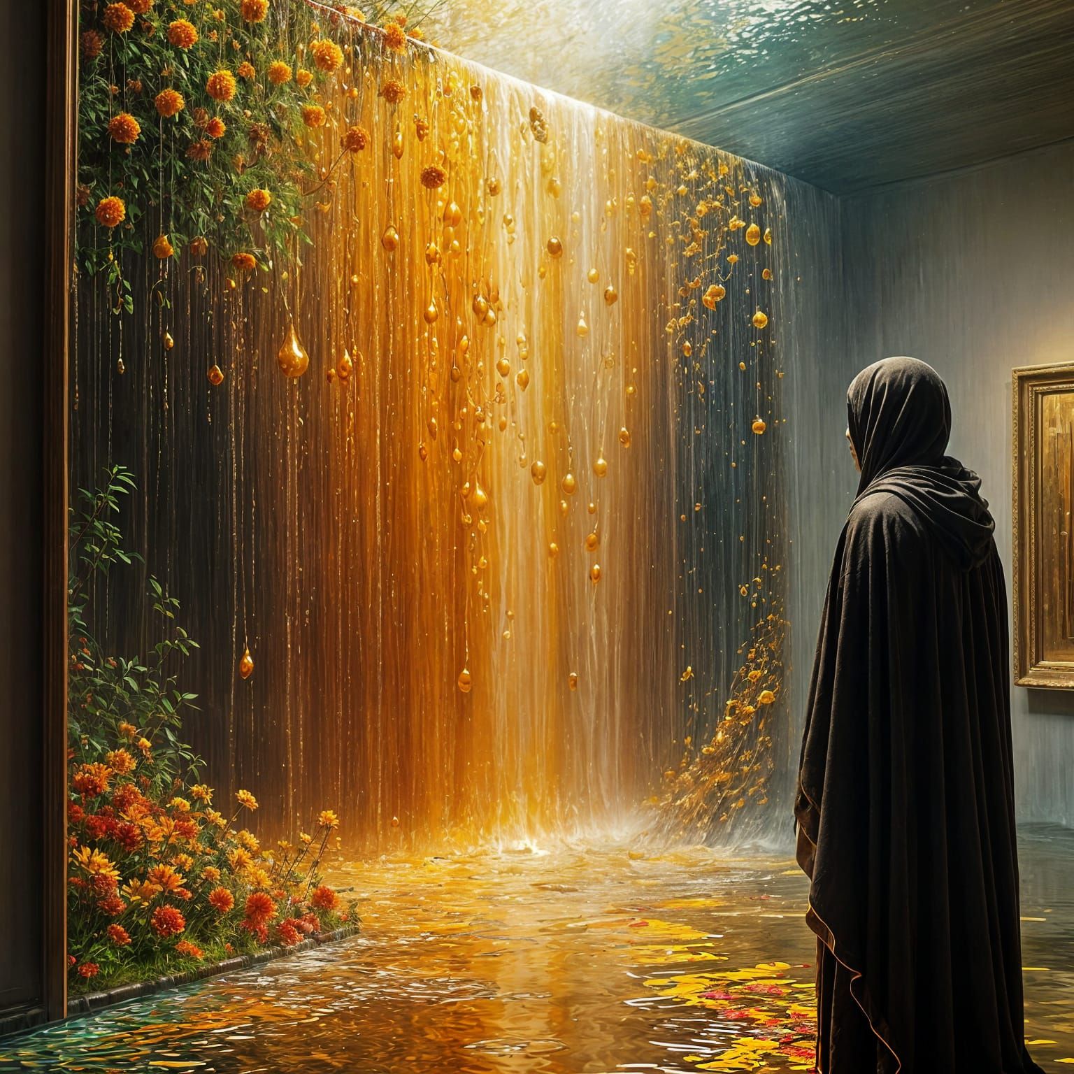 Abstract Drip Painting Waterfall of Liquid Gold