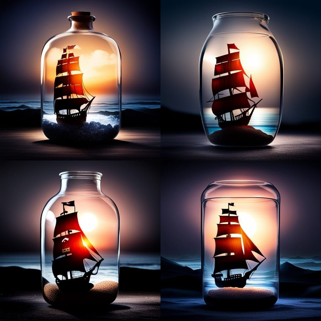 Pirate Ship in a Bottle on the Ocean
