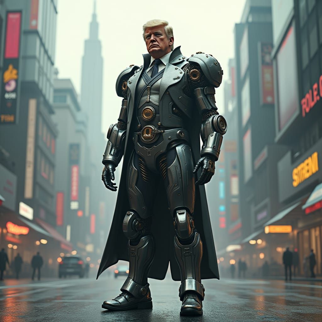 Futuristic Mechanized Donald Trump in Sci-Fi Cityscape