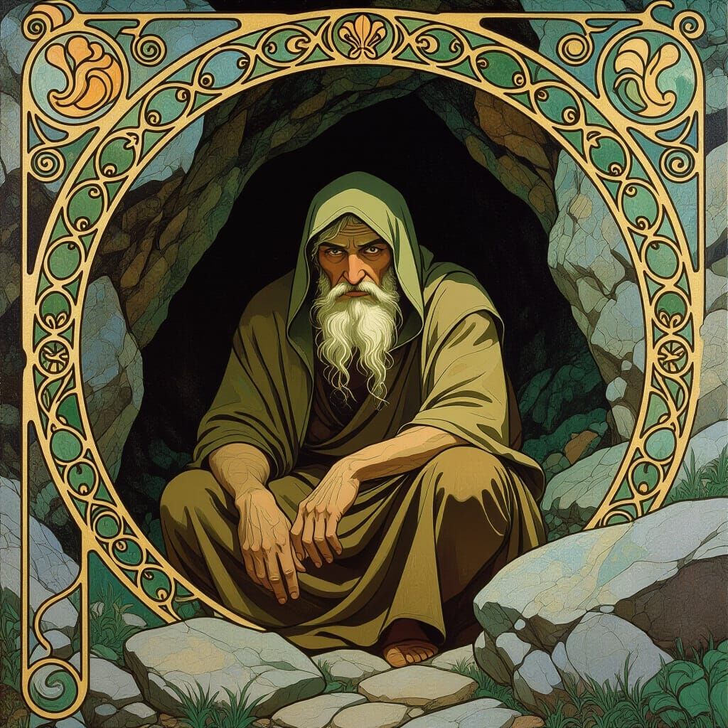 Art Nouveau Hermit in Cave Portrait