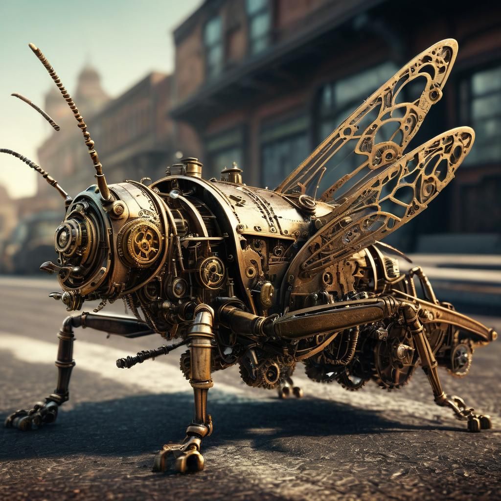 Steampunk Grasshopper with Engine in Golden Light