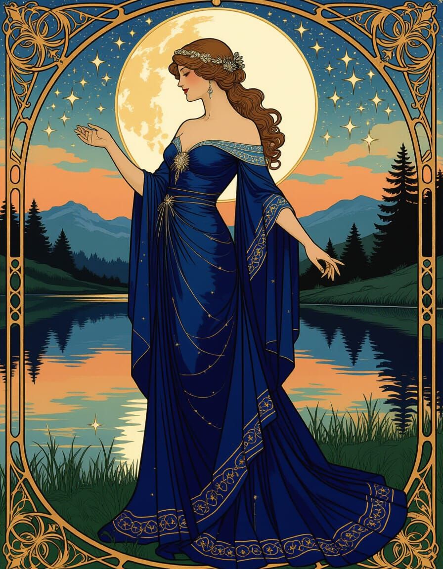 Ethereal Celestial Maiden in Midnight Garden, Art Nouveau St...