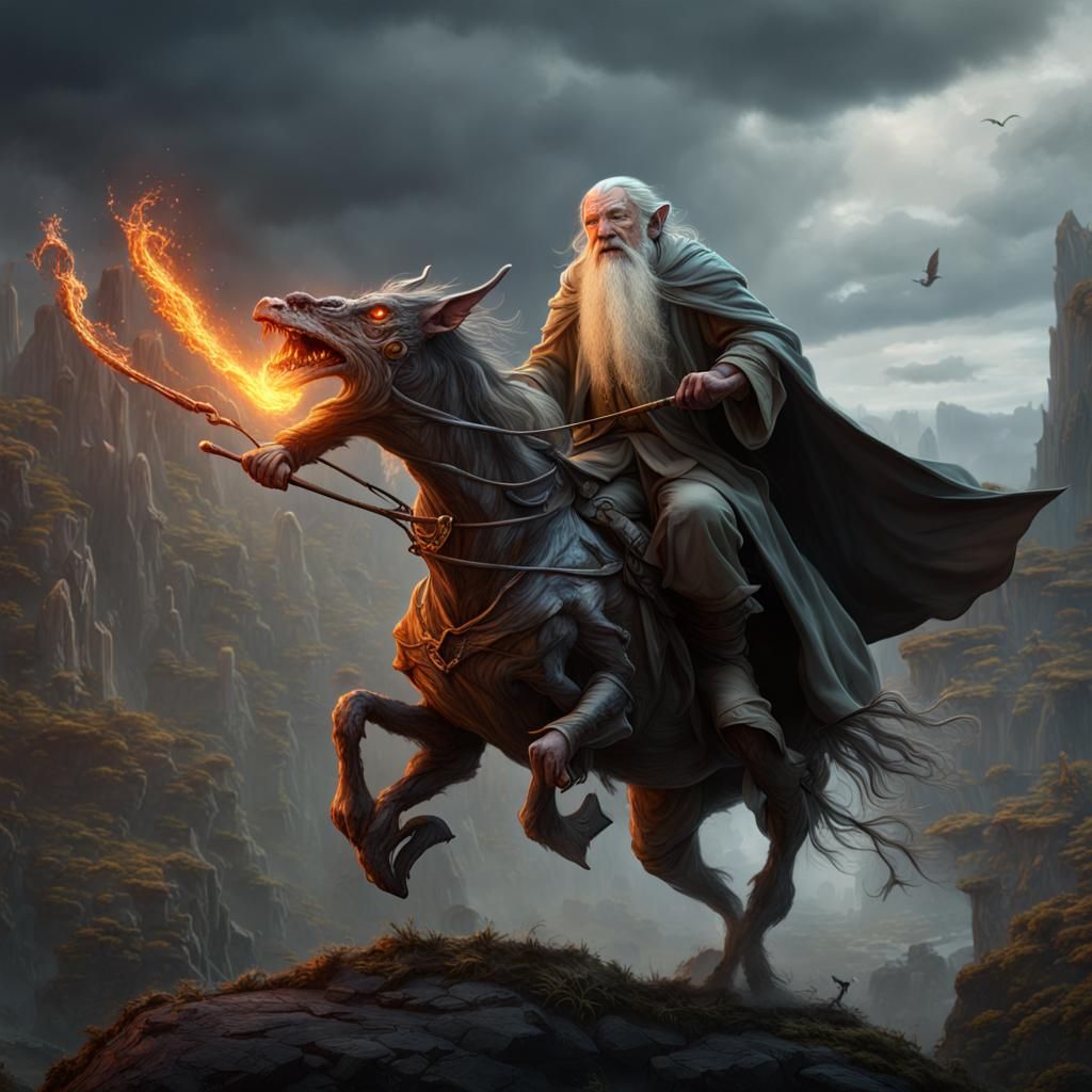 Evil Goblin Gandalf Riding a Balrog