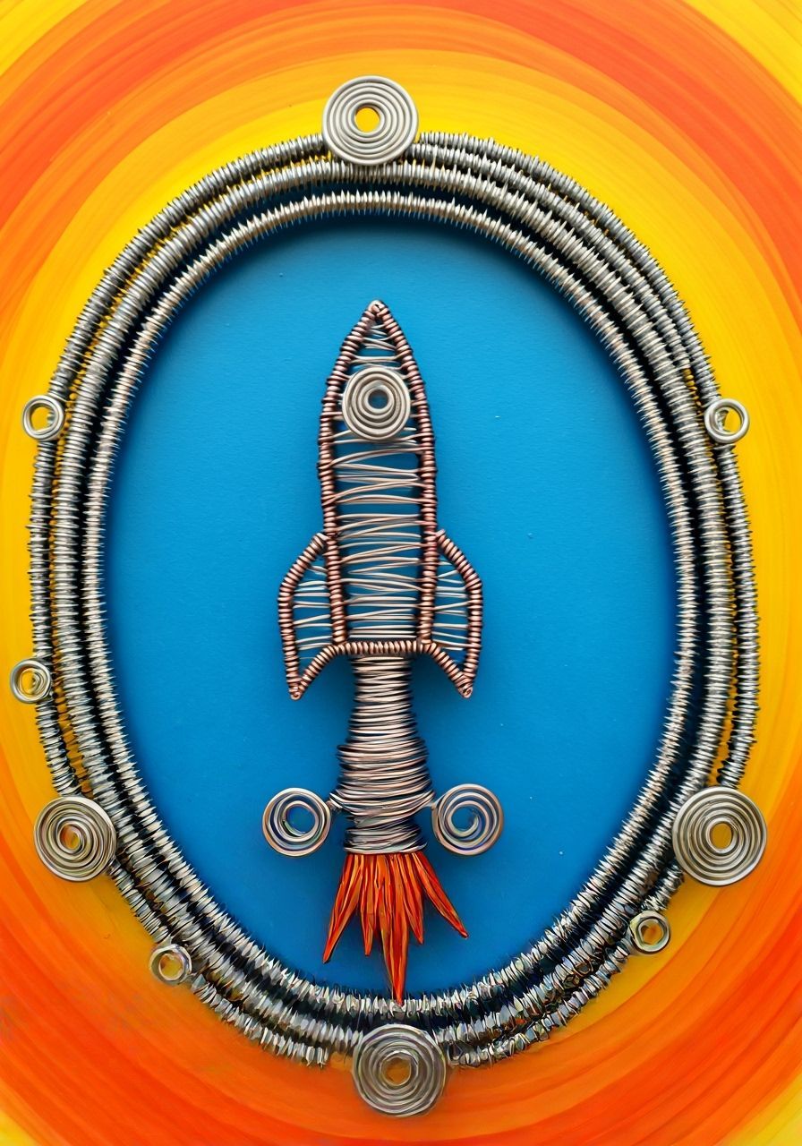 Wire Sculpture of Rocket Soaring in Colorful Sky