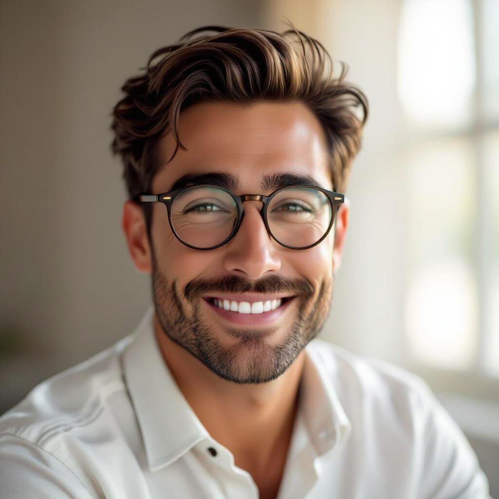 Friendly Male Character Spark with Glasses and Warm Smile
