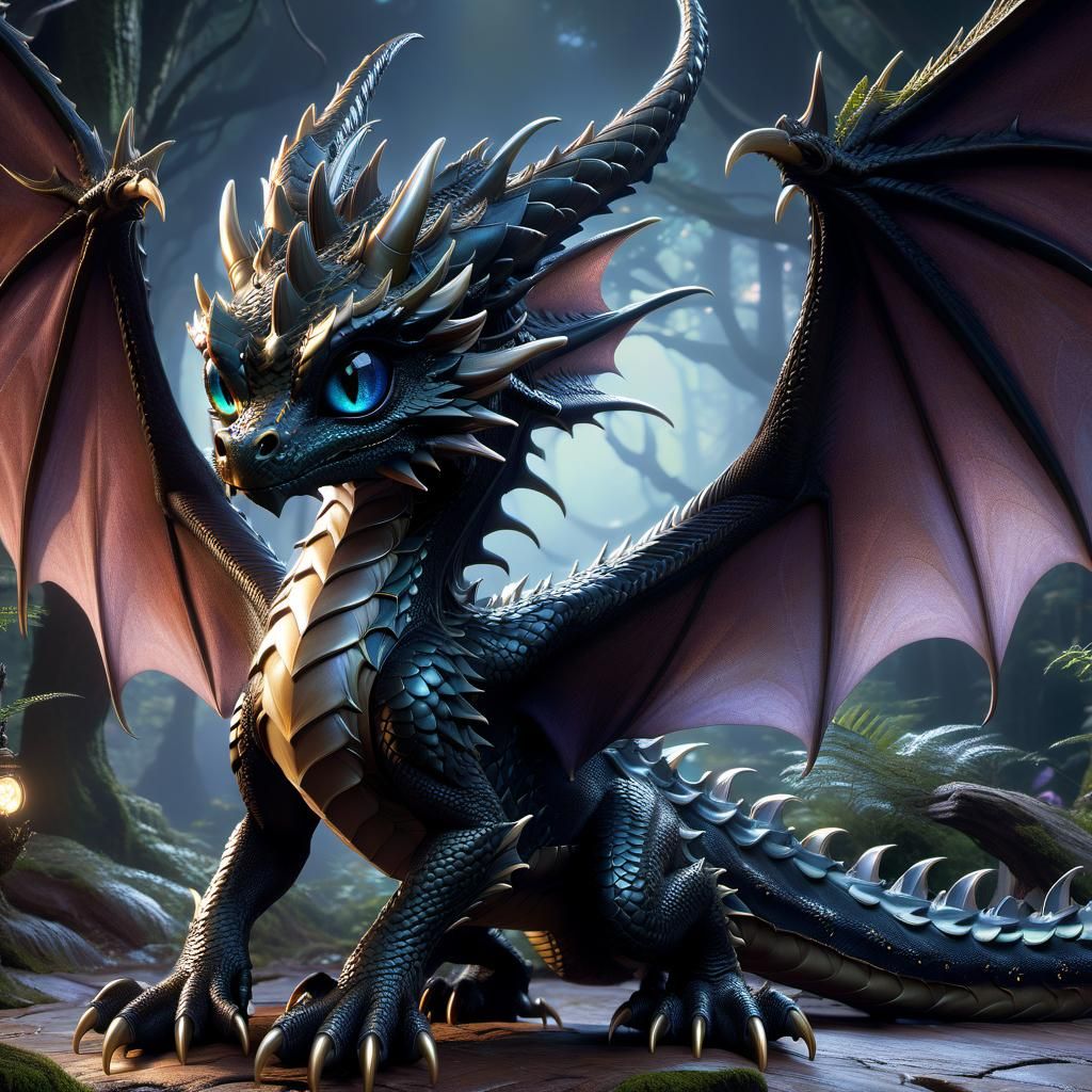 Anime Dragon in Dark Forest, Detailed 3D Art