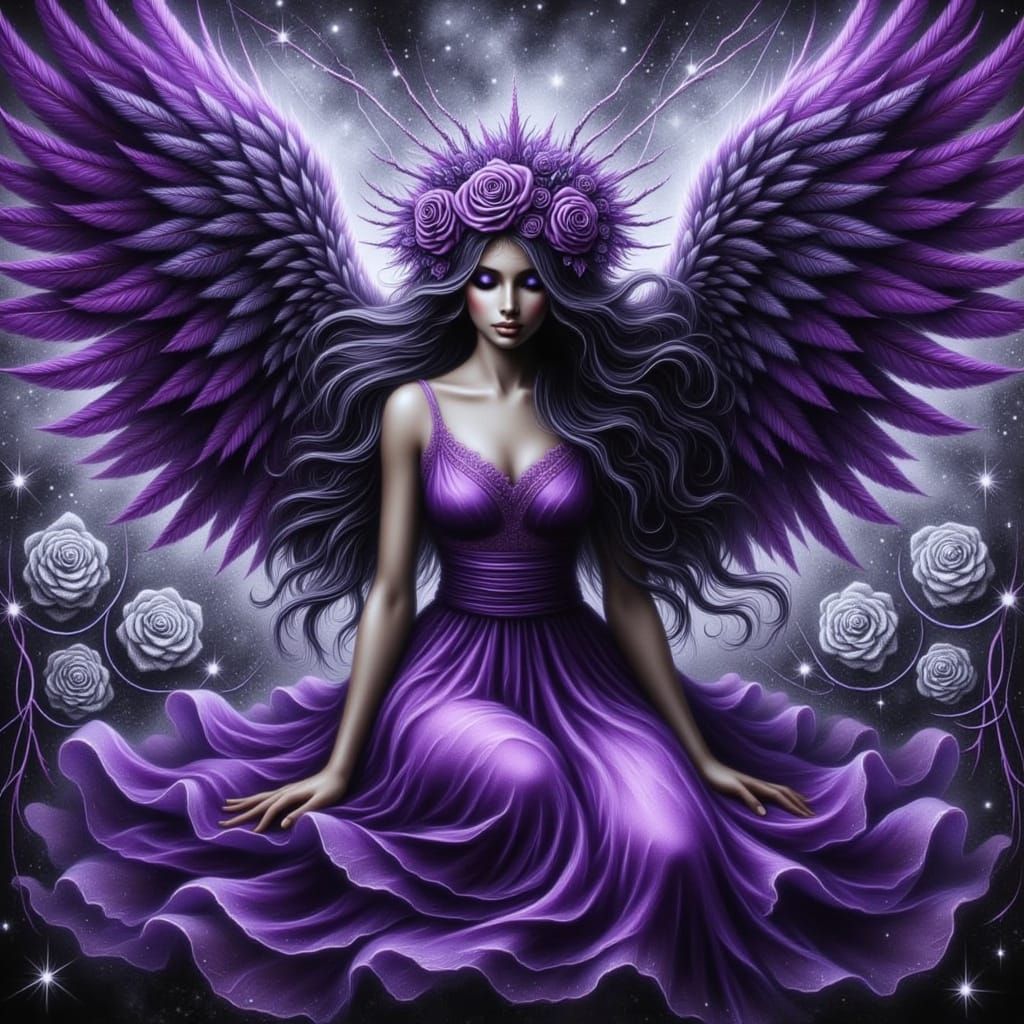 Ethereal Fallen Angel in Purple and Black, Swirling with Sil...