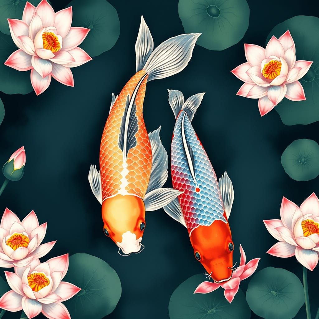 Koi Fish in Pond, Traditional Japanese Art Style