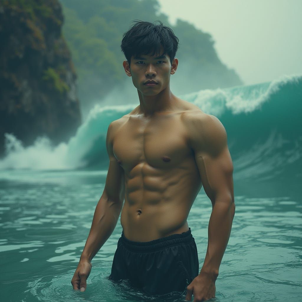 Surreal Asian Man with Six-Pack in Dreamscape