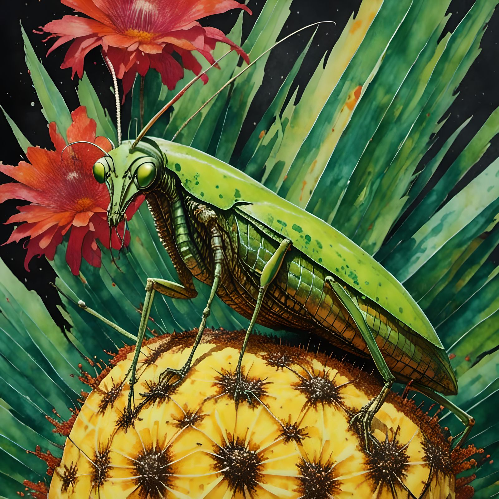 Praying Mantis on Pineapple with Tropical Flowers