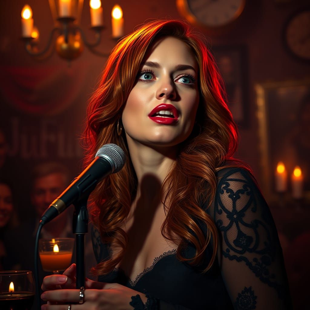 Redhead Singer in Dimly Lit Jazz Club