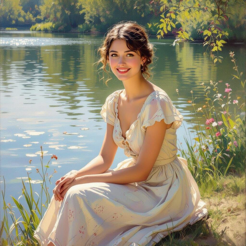 Smiling Woman in Light Dress by Peaceful Lake, Impressionist...