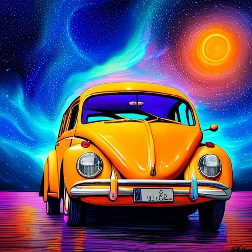 Psychedelic VW Beetle in Cosmic Dreamscape