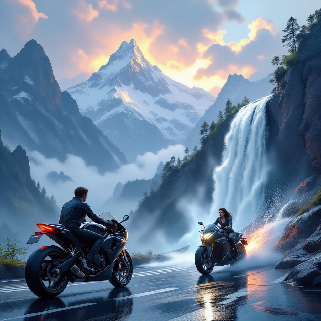 Man Contemplates Mountains, Woman Speeds on Motorcycle, Wate...