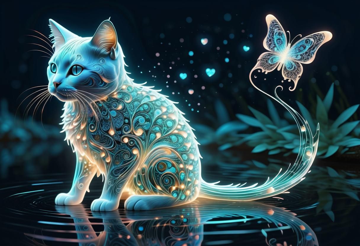 Bioluminescent Fairy Cat in Abstract Vector Art