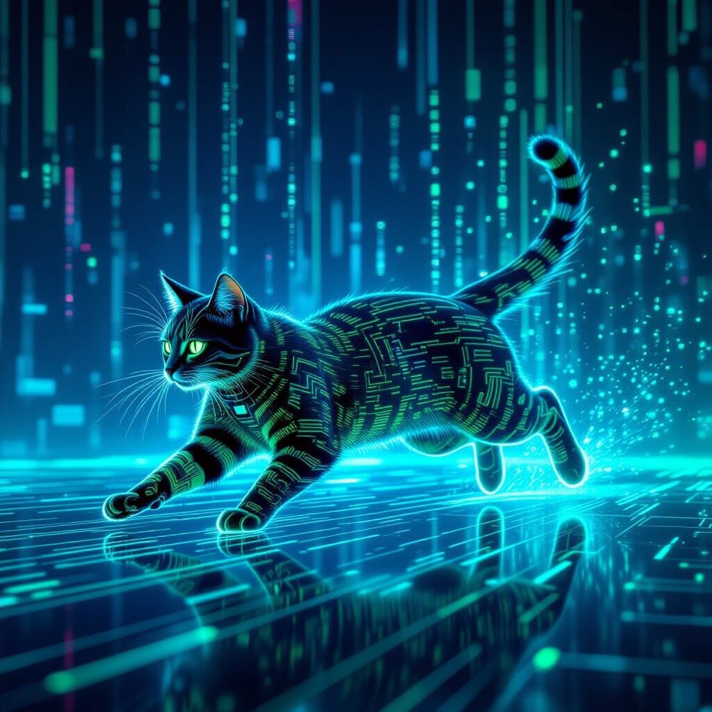 Cyberpunk Cat Made of Code and Data Streams