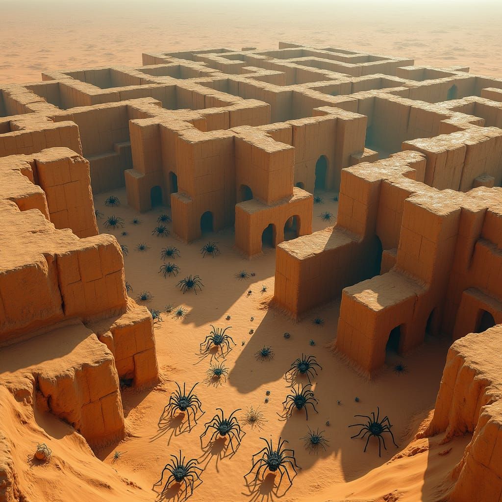 Surreal Desert Maze Infested with Spiders