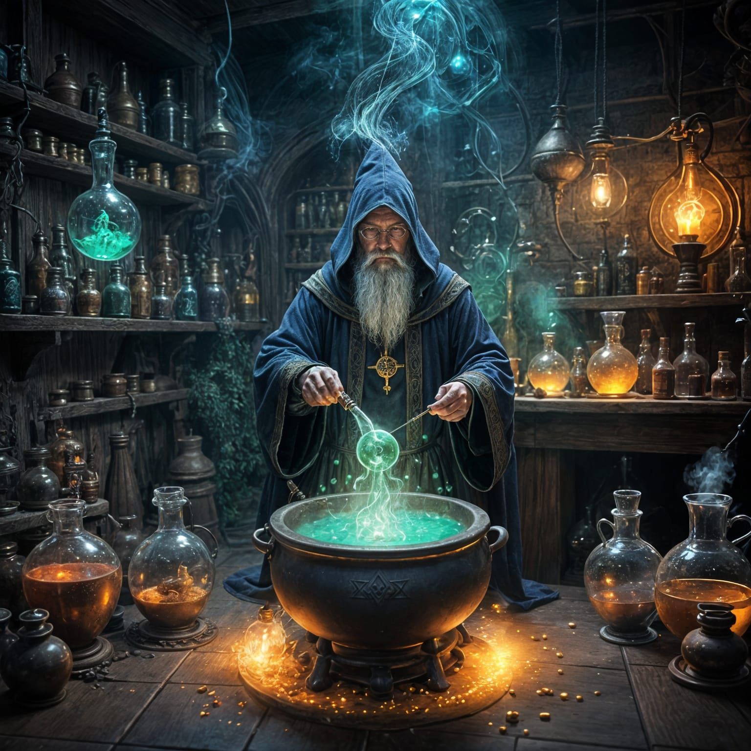 Ethereal Wizard in Mystical Laboratory
