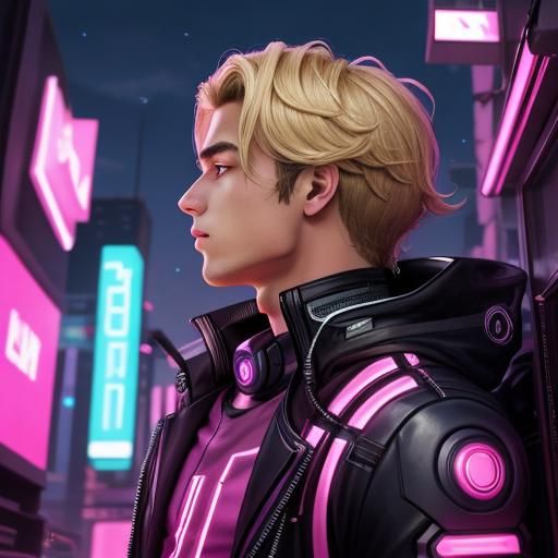 Cyberpunk Cyborg Teen in Neon Pink Setting