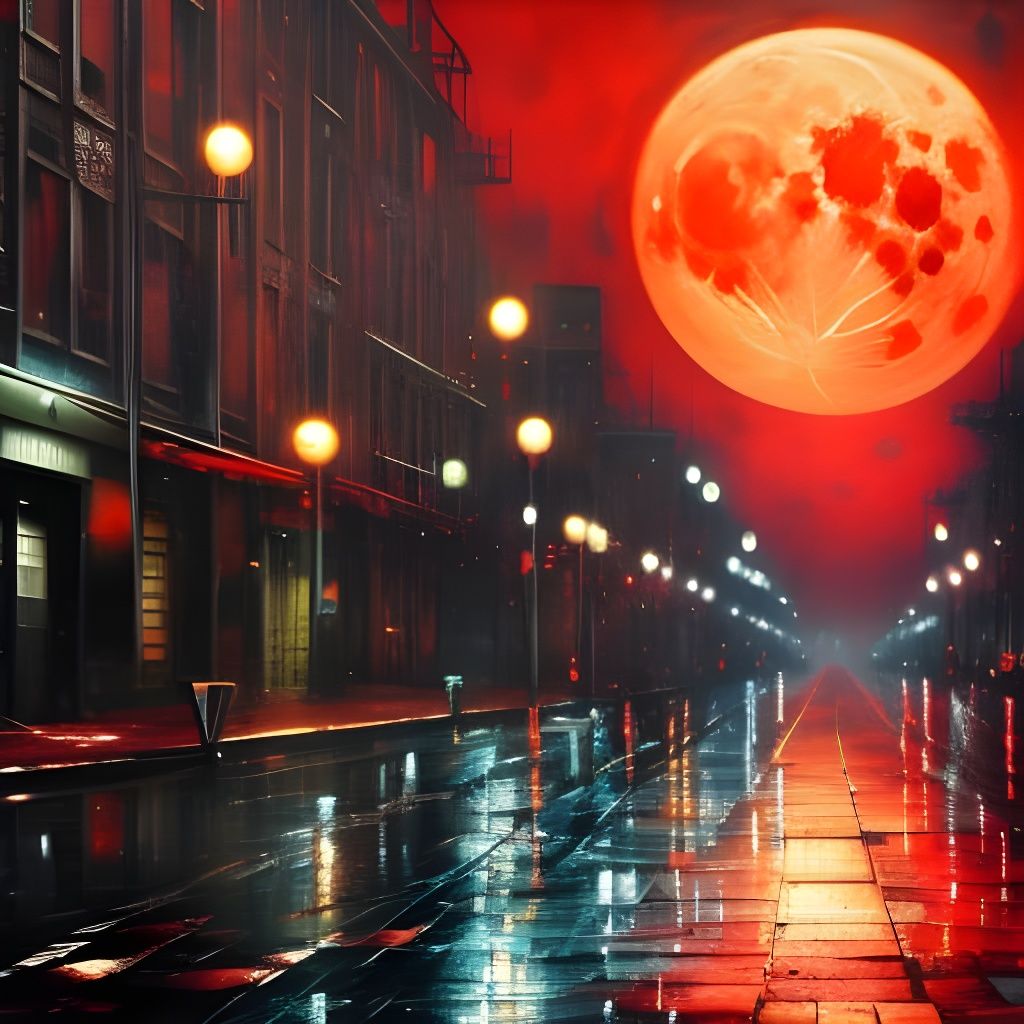 Giant Blood Moon over Wet Street, Speedpaint Style