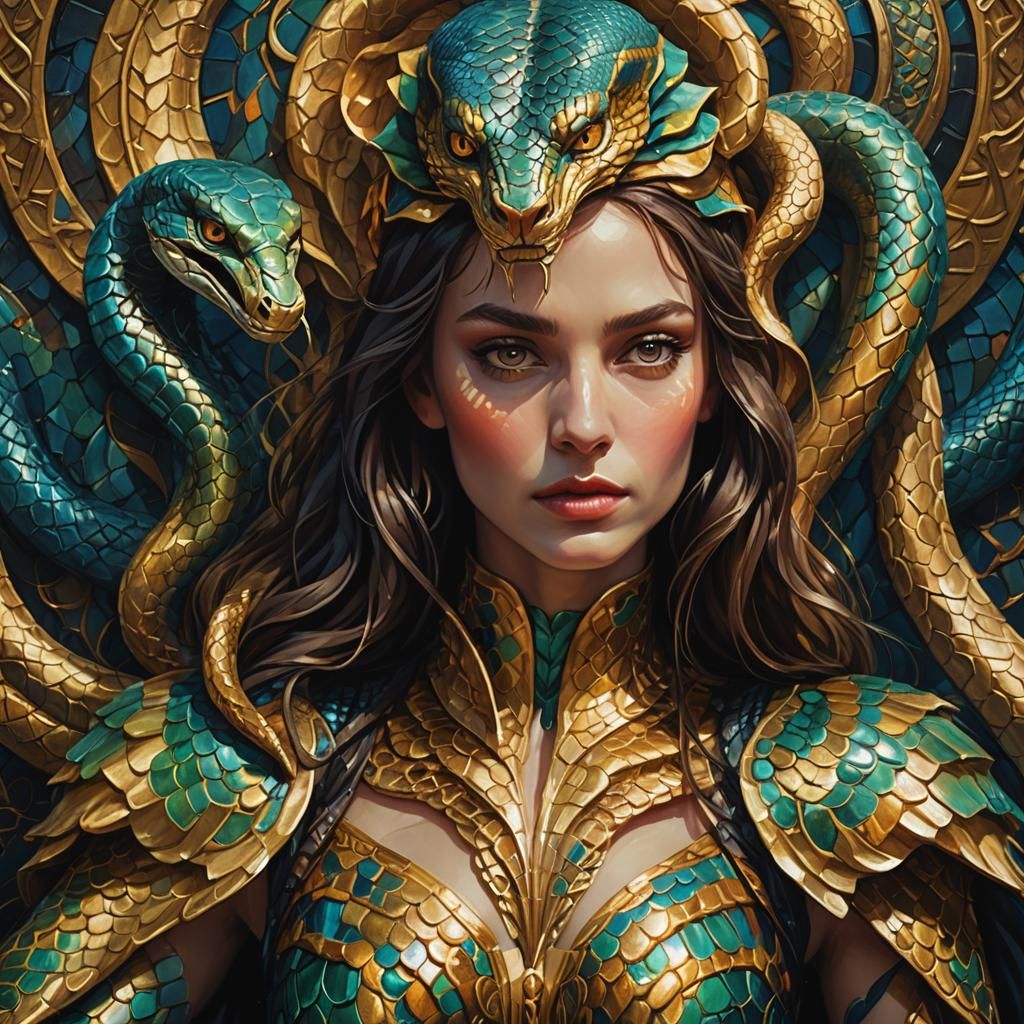 Serpent Woman: Pre-Raphaelite Hybrid Creature in Emerald and...