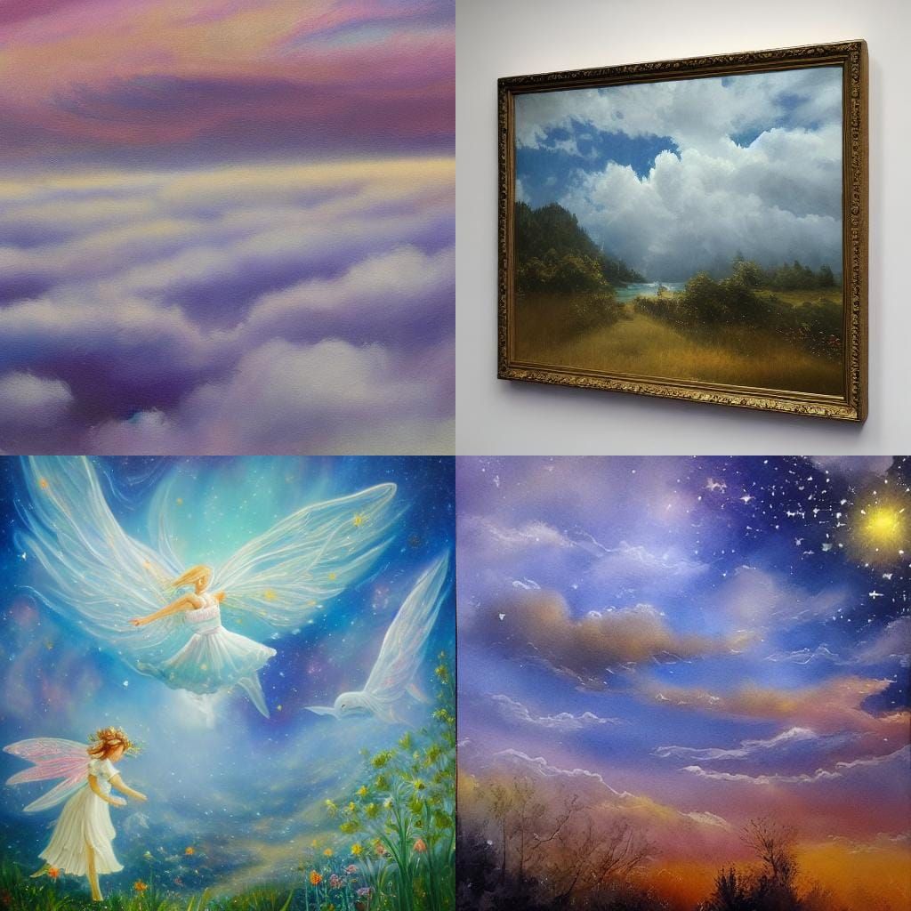 Dream Realm Landscape: Flying Whales and Fairy, Oil Painting